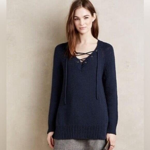 Anthropologie Moth Ashbury Chunky Knit Reglan Lace Asweater - Picture 2 of 6